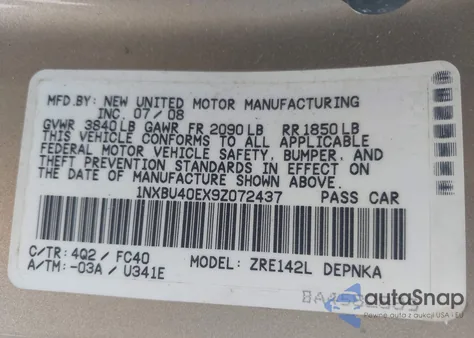 2009 Toyota Corolla Xle z USA, uszkodzony, nr VIN 1NXBU40EX9Z072437
